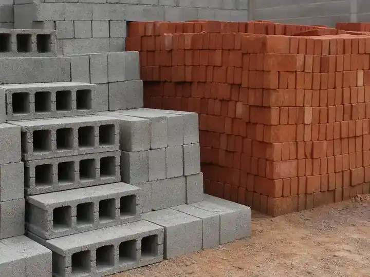 Stacked concrete blocks beside red clay bricks