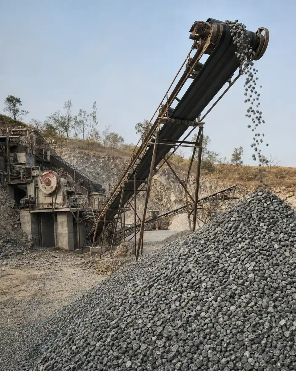 Stone-crushing conveyor feeding a graded aggregate pile